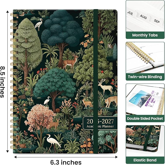 Planner 2026-2027, Academic Year Weekly and Monthly Calender Planner, from Jul 2026 - Jun 2027, Spiral Bound School Planning Book, Perfect for Teacher, Student, Women & Men, A5 (6.3" x 8.5"), Enchanted Grove