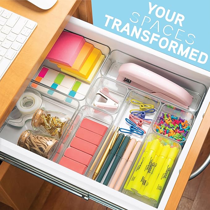 primebox Eight Piecs. Plastic Clear Drawer Organizers for Bathroom, Kitchen, Bedroom, Office Organizer Bins, Storage Trays. Heavy Duty, Stackable 4 Sizes