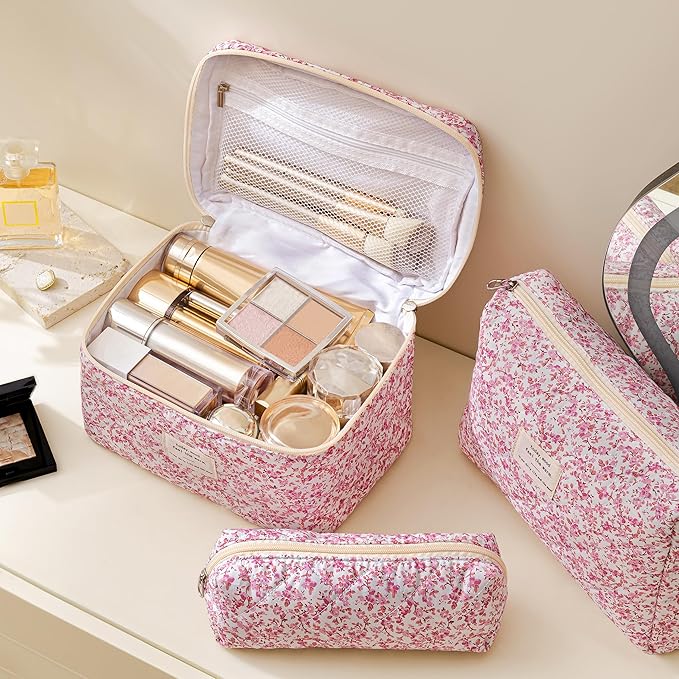 HBselect Quilted Makeup Bag, 3PCS Cotton Large Travel Makeup Bag, Cute Floral Coquette Make up Bag Cosmetic Bag Toiletry Bag for Women Girls
