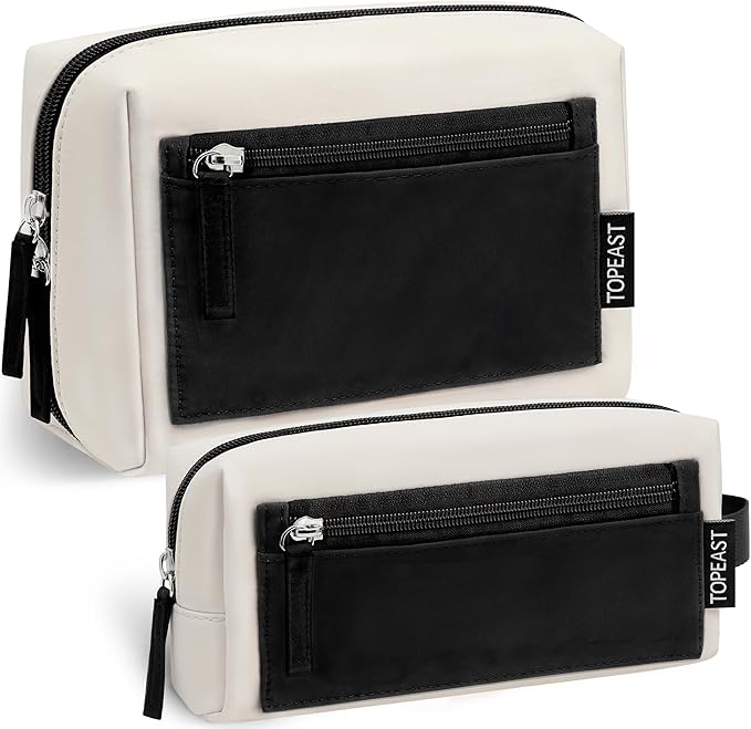 TOPEAST Christmas Gifts for Women Girls - 2Pcs Makeup Bag Small Travel Cosmetic Bag, Make Up Bag Purse for Women, Waterproof Pouch Set Open-Wide Makeup Organizer, Beige Black