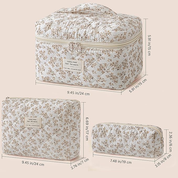 HBselect Quilted Makeup Bag, 3PCS Cotton Large Travel Makeup Bag, Cute Floral Coquette Make up Bag Cosmetic Bag Toiletry Bag for Women Girls