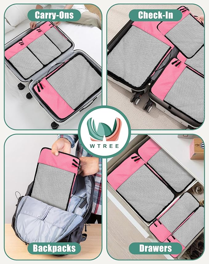 4-Piece Packing Cubes Travel Accessories Set for Suitcases - Luggage Organizer Bags with Double Zipper - Mesh Top - Small/Medium/Large/Slim - Pink