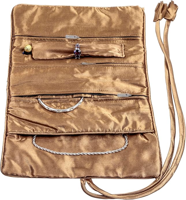 TUMBEELLUWA Embroidery Travel Jewelry Bag Roll Embroidered Flower and Bird Brocade Organizer with Tie Close