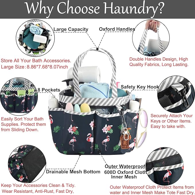 Haundry Portable Shower Caddy Bag with Long Handle, Fabric Caddy Tote Organizer with 8 Pockets for College Dorm Room Essentials, Hanging Bathroom Basket for Student Boy Girl Gym Travel Camp