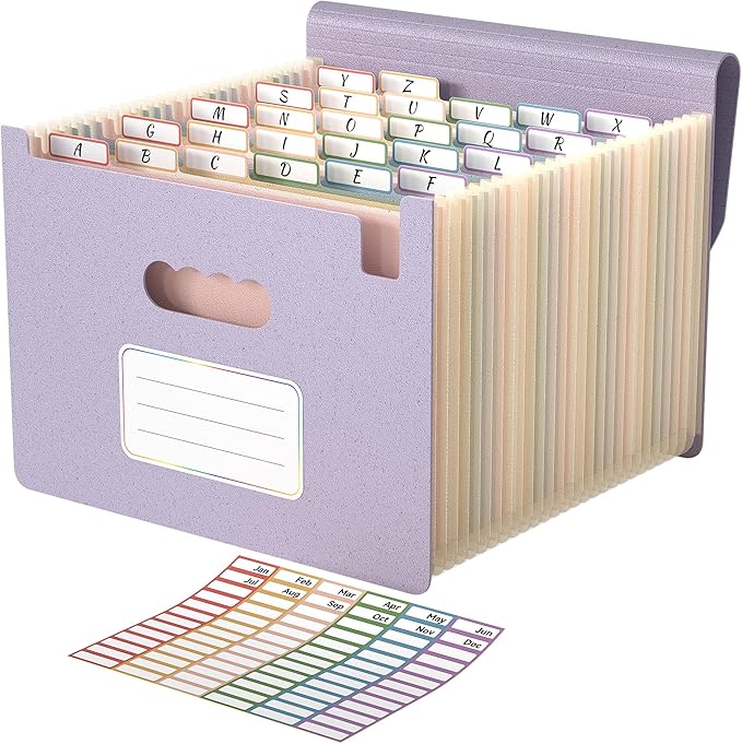 ABC life 26 Pockets Accordion File Organizer, High Capacity Expanding File Folder for Letter A4 Size, Portable Document Holder with A-Z Tabs for Tax Receipt, Teacher & Home Office -Dusty Lavender
