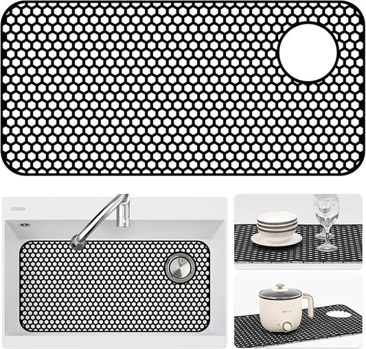 Silicone Sink Protectors for Kitchen Sink - 28.4"x 14.3" Kitchen Protector Accessory, Non-Slip Heat Resistant Mat for Bottom of Farmhouse Porcelain Stainless Steel(Top Right Drain Hole,Black)
