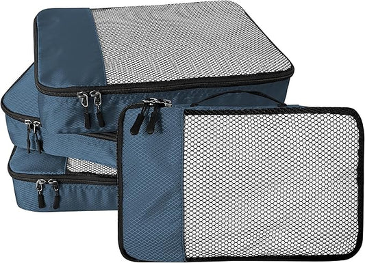 4-Piece Packing Cubes Travel Accessories Set for Suitcases - Luggage Organizer Bags with Double Zipper - Mesh Top - Large - Dark Blue