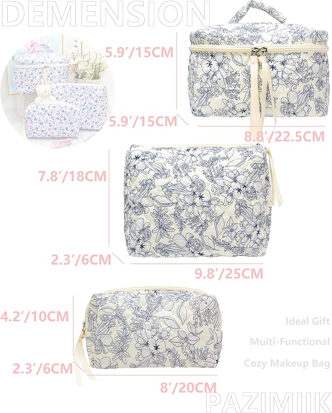 PAZIMIIK 3PCS Makeup Bag SET Large Travel Quilted Zipper Soft Cosmetic Case Pouch for Women Girls Make Up, Flower White