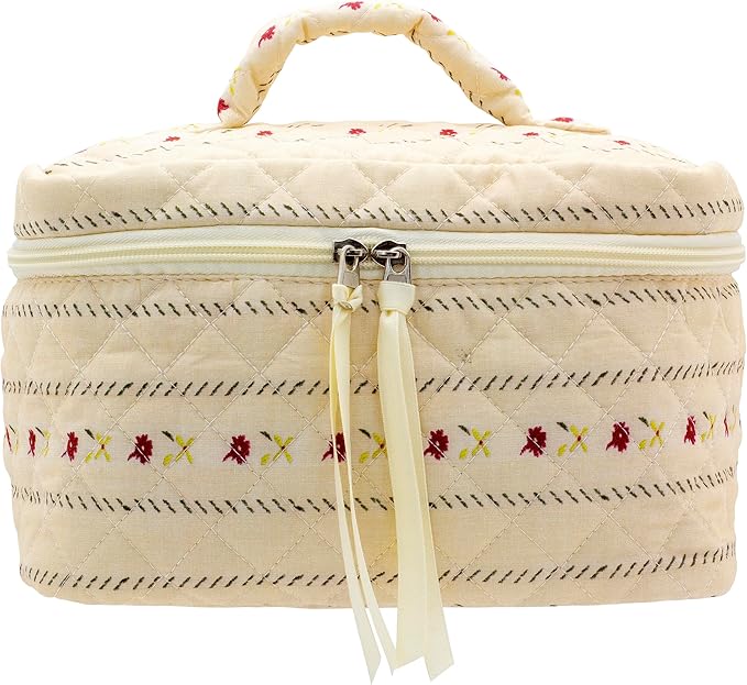 PAZIMIIK Quilted Makeup Bag Large Travel Zipper Soft Cosmetic Case for Women Girls Make Up, Little Flower Beige