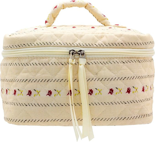 PAZIMIIK Quilted Makeup Bag Large Travel Zipper Soft Cosmetic Case for Women Girls Make Up, Little Flower Beige