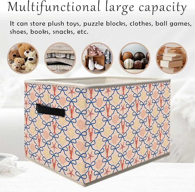 Coquette Blue Bow Beach Storage Bins Box with Handles, Coastal Preppy Lobster Starfish Seashell Collapsible Fabric Storage Basket Box Organizer for Bedroom Bathroom Clothes Toys Books