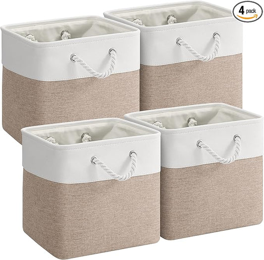 VQRTEXA 12 x 12 Inch Cube Storage Bins, 4 Pack Fabric Storage Basket with Handles, Foldable Boxes Organizer for Shelf Baskets for Home, Clothes (White/Khaki)