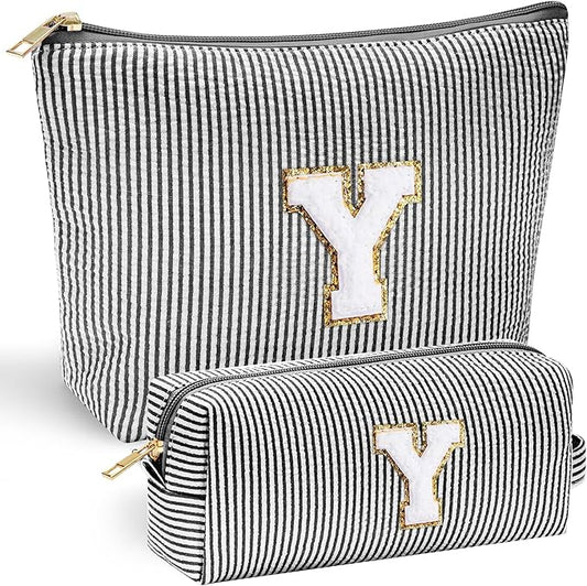 YOOLIFE Travel Makeup Bag Cosmetic Bag - Make Up Bag with Makeup Brush Bag Monogram Makeup Pouch Bag 2 Pieces Cute Makeup Bag Personalized Gifts Best Friend Birthday Gifts for Women Black Letter Y
