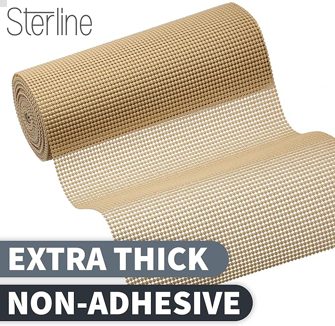 Sterline Shelf Drawer Liner Non-Adhesive Liners for Kitchen Cabinets Cupboard Pantry Non-Slip Waterproof Oil Proof Shelf Liners 12" x 20 ft Tan Shelf Paper