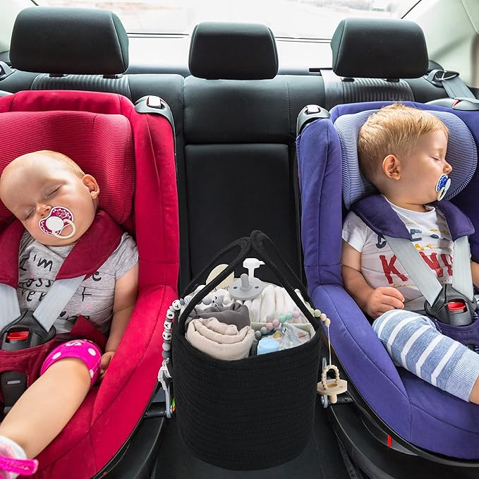 Baby Diaper Caddy Organizer for Girl Boy Cotton Rope Nursery Storage Bin Basket Portable Holder Tote Bag for Changing Table Car Travel Baby Shower Gifts Newborn Essentials Registry Must Haves Black