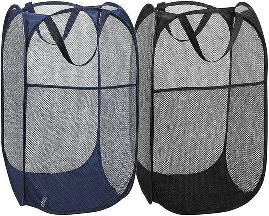 2 Pack Foldable Mesh Popup Laundry Hamper,Laundry Basket Easy to Open and Fold for Dorm,Travel, College Dorms, and More (Black and blue)…