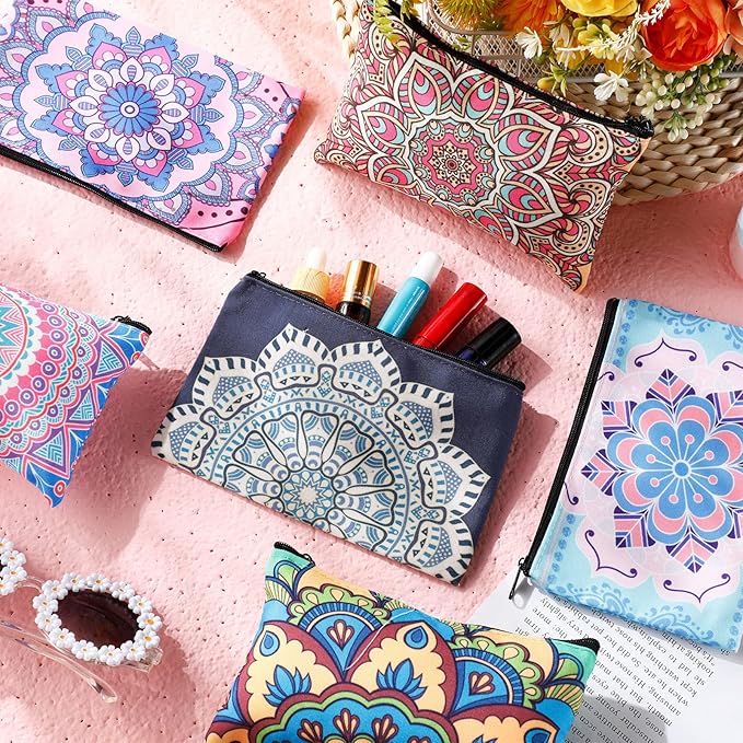Reginary 20 Pcs Mandala Cosmetic Bag Bulk for Women Mandala Makeup Bag Gifts Roomy Makeup Bags with Zipper Toiletry Bags Pouch Travel Accessory Organizer Christmas Small Gifts, 7 x 4.3 Inches