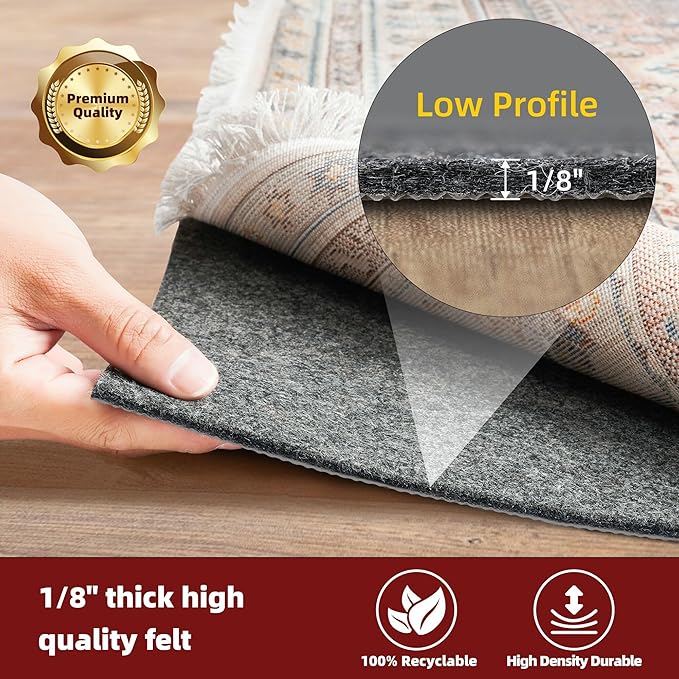BAGAIL Felt and Natural Rubber Backing Rug Pads 1/8” Thick, Round 8 Feet Non Slip Rug Gripper Keep Rugs in Place, Under Area Rug Protective Cushioned Pads, Carpet Runners, Hardwood Floors Protection