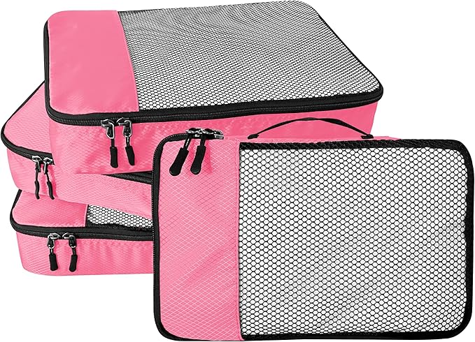 4-Piece Packing Cubes Travel Accessories Set for Suitcases - Luggage Organizer Bags with Double Zipper - Mesh Top - Large - Pink