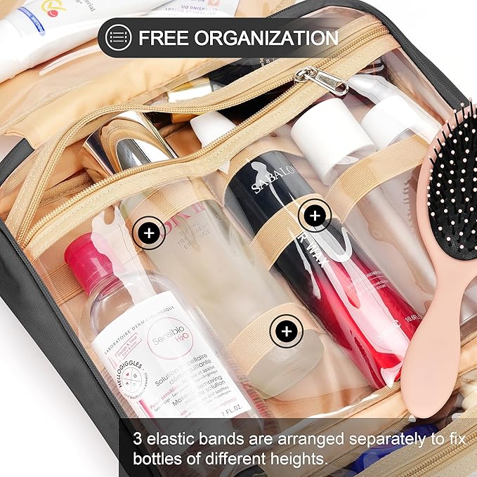 Travel Hanging Toiletry Bag for Women and Men, with 8 Leak Proofing Silicone Bottle Covers, Waterproof Makeup Accessories, Cosmetic Essentials, Cruise Ship Toiletry Bag with Jewelry Organizer, Black