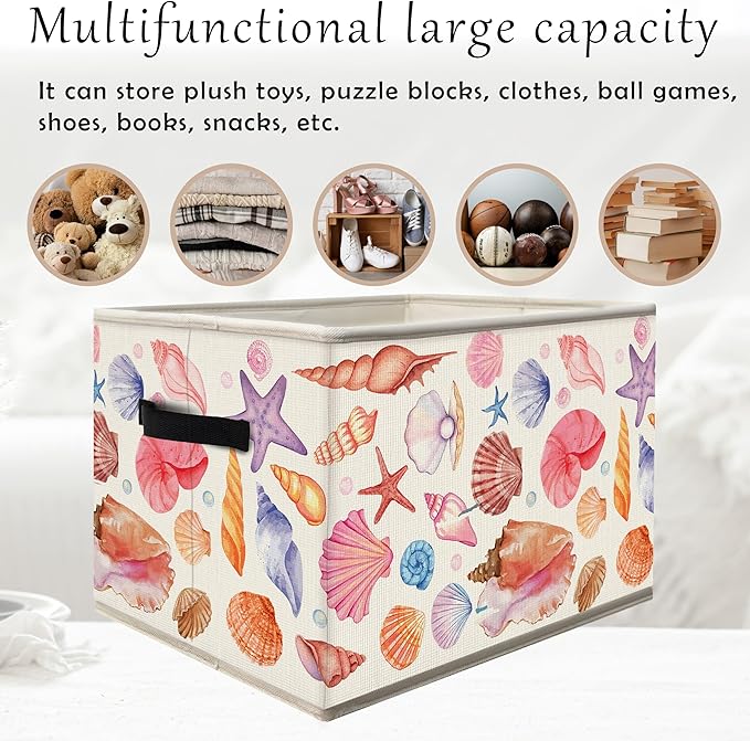 Coastal Beach Storage Bins Box with Handles, Coastal Granddaughter Room Decor, Preppy Pink Starfish Collapsible Fabric Storage Basket Box Organizer for Bedroom Bathroom Clothes Toys Books