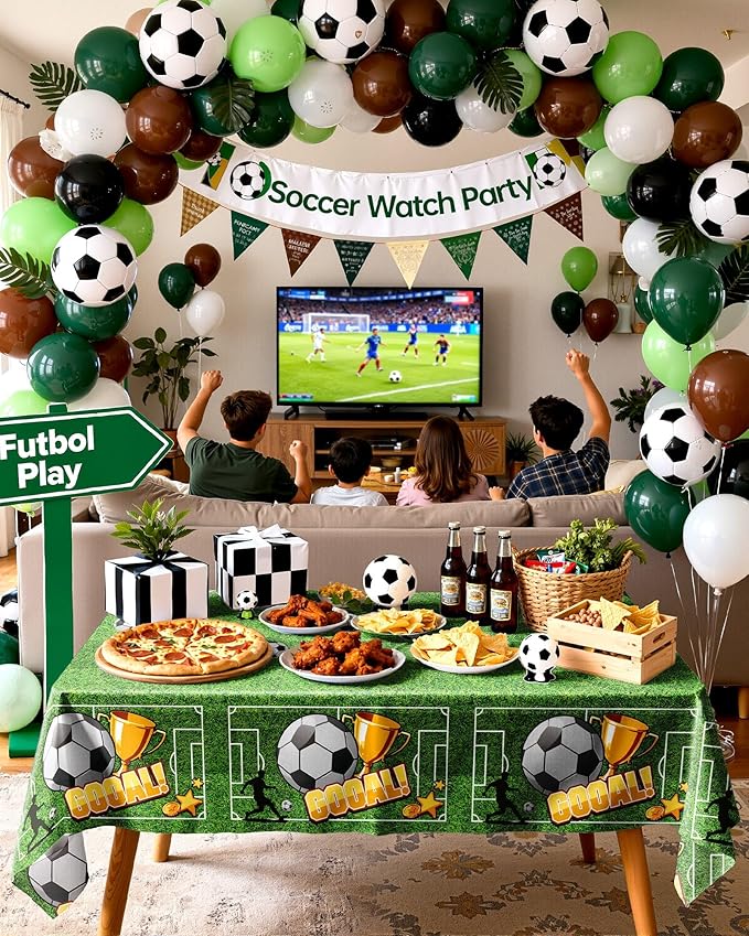 Pureegg Soccer Party Decorations 2026 Plastic Tablecloth Disposable 10 Pack, Rectangle Table Cover 54 x 108 Inch, Plastic Table Cloth for Soccer Birthday Party, Green and White Soccer