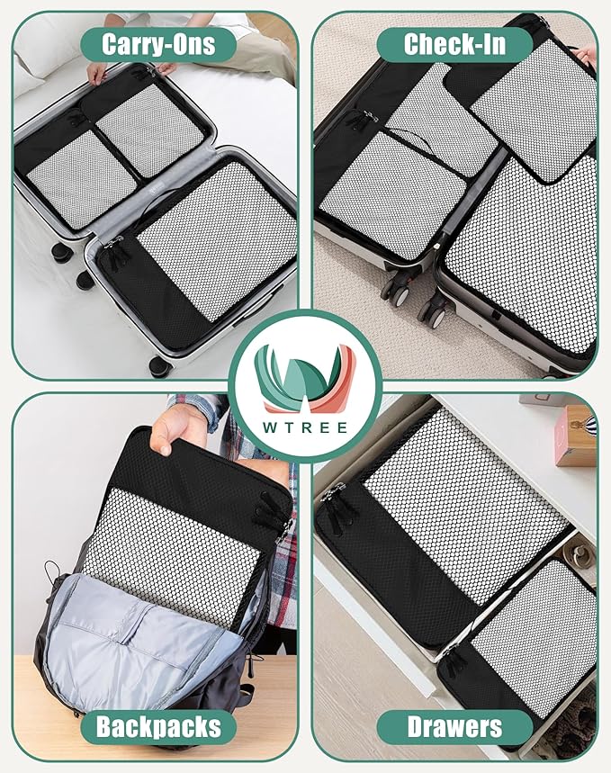 4-Piece Packing Cubes Travel Accessories Set for Suitcases - Luggage Organizer Bags with Double Zipper - Mesh Top - Large - Black