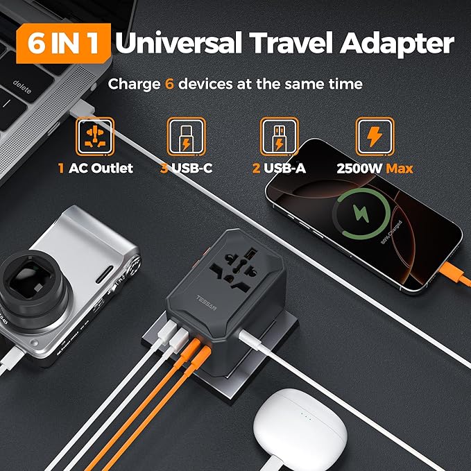 TESSAN Universal Travel Adapter, GaN 65W International Power Adapter with 5 USB Ports (3 USB C), Worldwide Plug Adapter for US to Europe UK France Germany Spain Australia (Type C G A I), Black