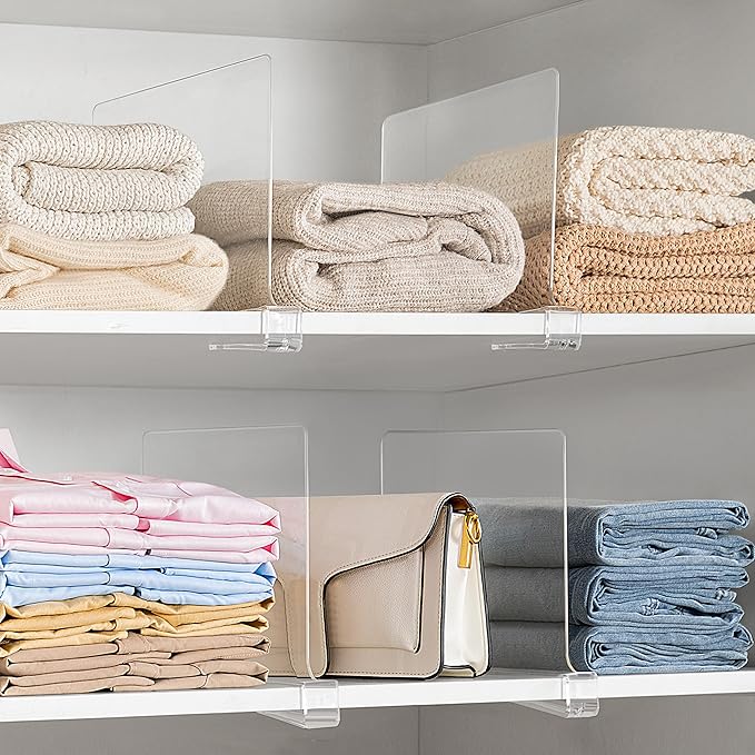 HBlife 24 Pack Clear Shelf Dividers, Vertical Purse Organizer for Closet Perfect for Sweater, Shirts, Handbags in Bedroom and Kitchen, Adjustable Acrylic Bookshelf for Organization