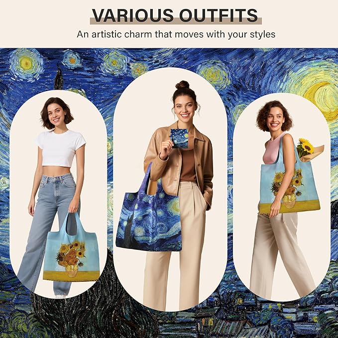 Reusable Grocery Bags, Oil Painting Art Tote Bags With Carry Pouch Waterproof Shopping Bags for Travel Daily Use