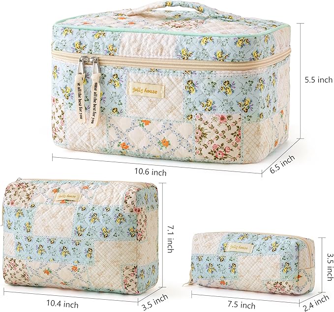 HBselect Quilted Makeup Bag, 3PCS Cotton Large Travel Makeup Bag, Cute Floral Coquette Make up Bag Cosmetic Bag Toiletry Bag for Women Girls