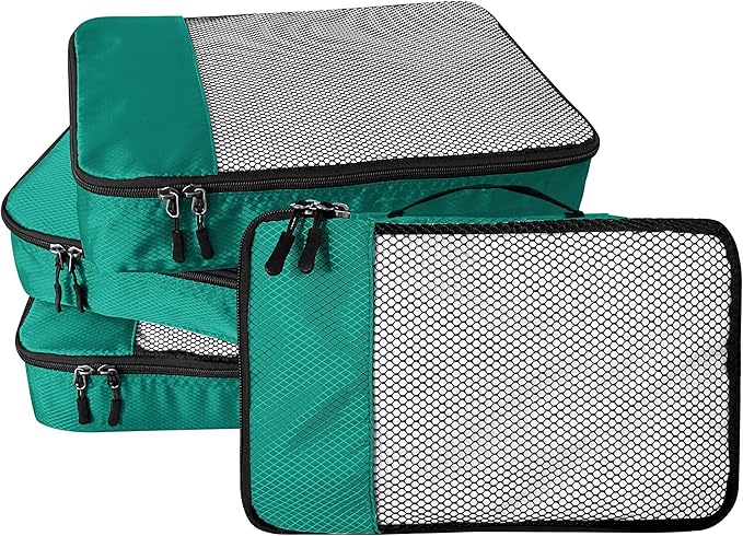 4-Piece Packing Cubes Travel Accessories Set for Suitcases - Luggage Organizer Bags with Double Zipper - Mesh Top - Large - Green