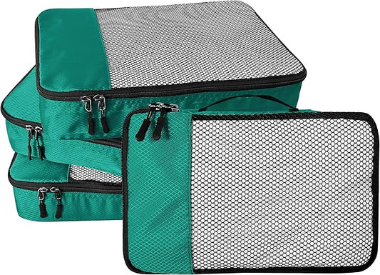 4-Piece Packing Cubes Travel Accessories Set for Suitcases - Luggage Organizer Bags with Double Zipper - Mesh Top - Large - Green