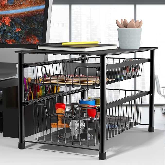 Simple Houseware Stackable Sliding Basket Organizer Drawer, Black, 2-Tier