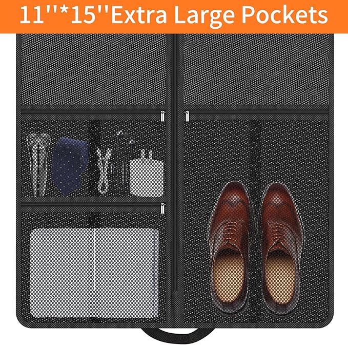 Suit Garment Clothes Travel Bag: 54 inch Lightweight Foldable Black Short Fabric Breathable - Hanging Storage Cover Pockets Zipper for Men - Wardrobe Carry Coat Jacket Uniform Tuxedo Shirt