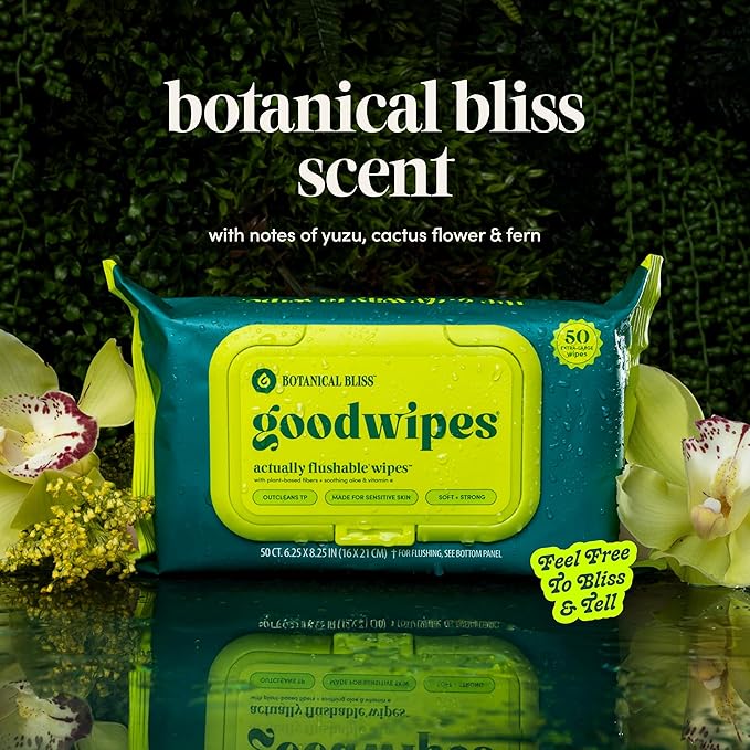 goodwipes Flushable Wipes - Botanical Bliss Wet Wipes for Adults, Sewer & Septic Safe, Guest Bathroom Essentials for Women & Men, pH Balanced & Extra Large, 153 Count (3 Packs and 3 Singles)