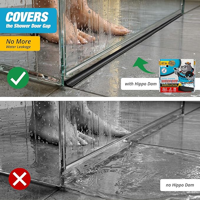 Shower Threshold Water Dam Barrier 67" - Black Collapsible Walk in Shower Water Guard - Door Bottom Seal Strip Leak Guard by Hippo Dam