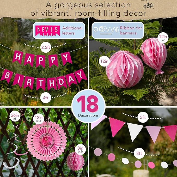 Premium Reusable Happy Birthday Decorations for Women and Girls Pink Party Decorations, Multi-occasion Banner, Pennant Banner, Paper Fans - Party Decor by Itsy Bitsy Party Co