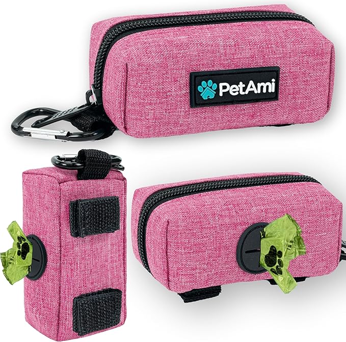 PetAmi Dog Poop Bag Holder for Leash, Dog Treat Pouch Leash, Pet Waste Bag Dispenser with Clip, Doggy Puppy Walking Accessories Supplies with 1 Dog Bag Roll (Pink, 1 Pack)