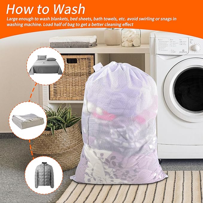 Polecasa Heavy Duty Diamond Mesh Laundry Bags 24x36" - Large Commercial Grade Laundry Bag with Drawstring & ID Tag for College Dorms, Travel, Sports Equipment – White