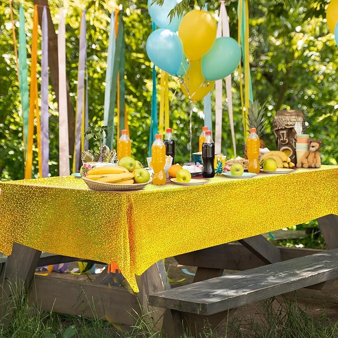 Sparkling Holographic Laser Tablecloth - Shimmering, Waterproof, Easy to Clean - Ideal for Halloween Bachelorette, Mermaid, Birthday, Wedding, and Anniversary Party Decorations (Black & Gold, 2)