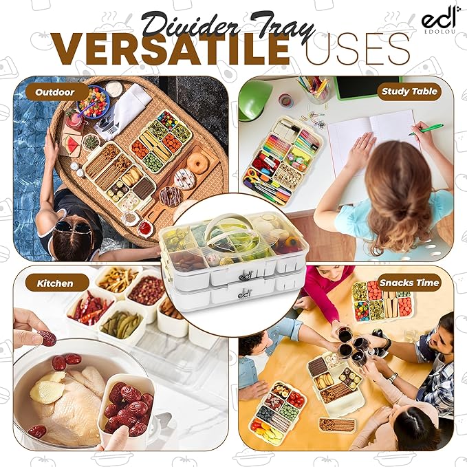 Stackable Snackle Box Organizer – 14 Compartments, BPA-Free & Portable with Lids & Handles – Reusable, Dishwasher & Microwave Safe Snacklebox for Fruits, Veggies & Snacks (White, 2 Pack)