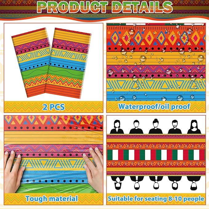 OHOME Cinco De Mayo Decorations - Fiesta Party Decorations - Fiesta Plastic Tablecloth for Taco - Mexican Theme Birthday Accessories Favors Decor,2 Pack