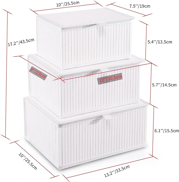 Honygebia Bamboo Decorative Storage Boxes - Set of 3 Woven Lined Storage Baskets with Lids, White Wicker Lidded Baskets for Home Kitchen Shelf Organizer Decor