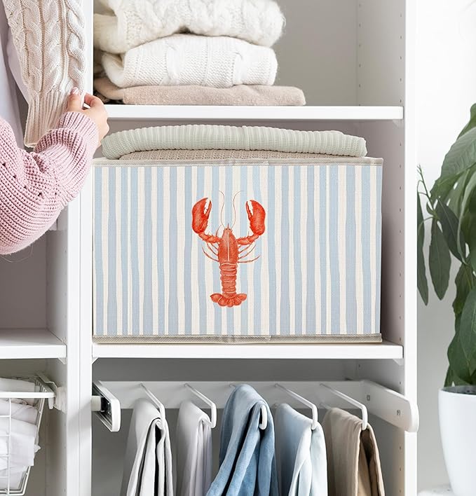 Blue Coastal Beach Lobster Storage Bins Box with Handles, Blue Striped Ocean Lobster Collapsible Fabric Storage Basket Box Organizer for Bedroom Bathroom Clothes Toys Books