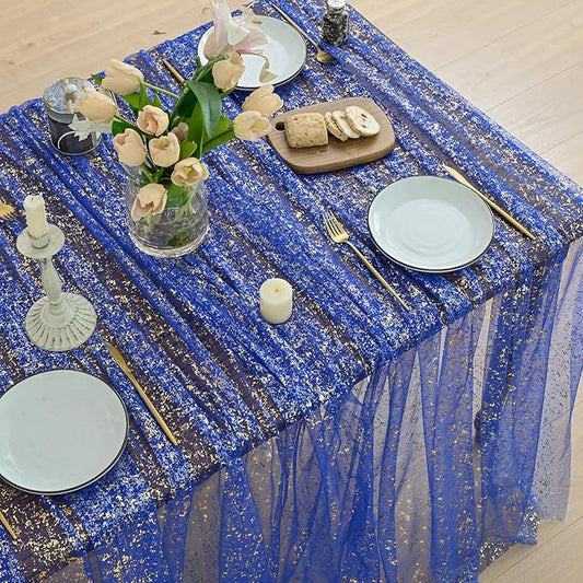 Horaldaily Royal Blue Gold Gauze Tablecloth 60x140 Inch Rectangular, Golden Sequin Glitter Metallic Foil, Sheer Tulle Cheesecloth for Wedding Baby Shower Ceremony Birthday