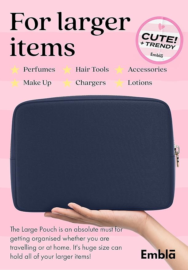 Embla Makeup Bag Travel Cosmetics Pouch and Toiletry Bag, Nylon Zipper Pouch Purse, Cute Make Up Organizer Storage Tote for Women Girls, Travel Skincare Case, Large Makeup Bags, Sapphire