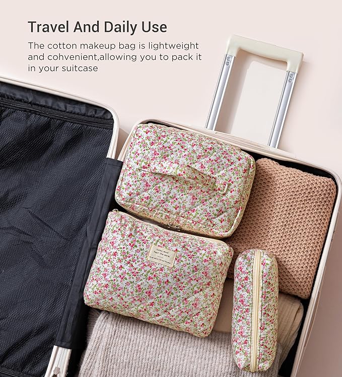 HBselect Quilted Makeup Bag, 3PCS Cotton Large Travel Makeup Bag, Cute Floral Coquette Make up Bag Cosmetic Bag Toiletry Bag for Women Girls