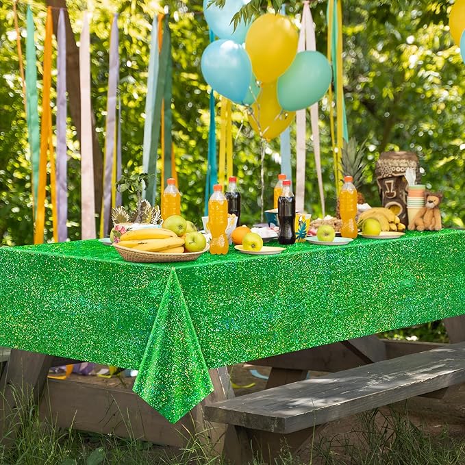 Just Shimmer Sparkling Holographic Laser Tablecloth - Shimmering, Waterproof, Easy to Clean - Ideal for Bachelorette, Birthday, Wedding, and Anniversary Party Decorations (Green & Gold, 2)