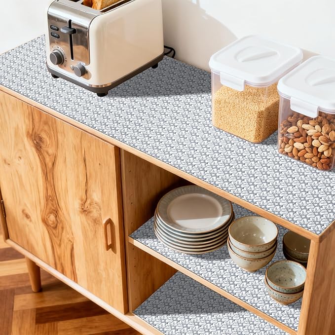 FIFTY FEET 18"x96" Non-Adhesive Shelf Liner for Kitchen Cabinets and Drawers, Washable Non-Slip PVC Cabinet Liner (Black Floral)(1 Roll)